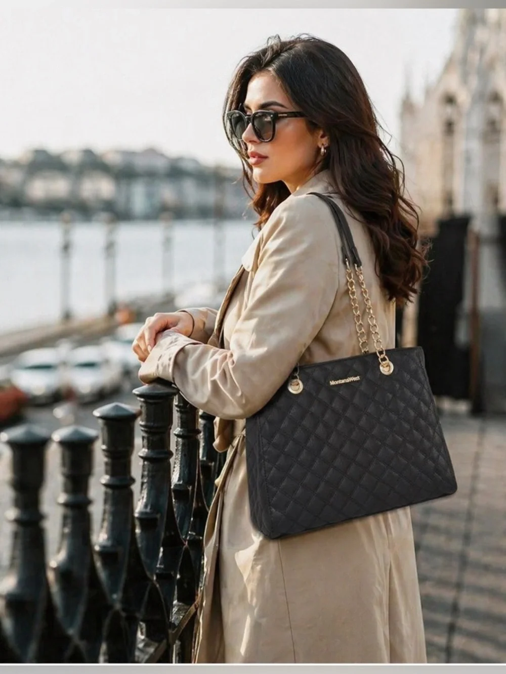 Chic Black Quilted Tote Bag with Gold Chain Handles - Picture 5 of 5